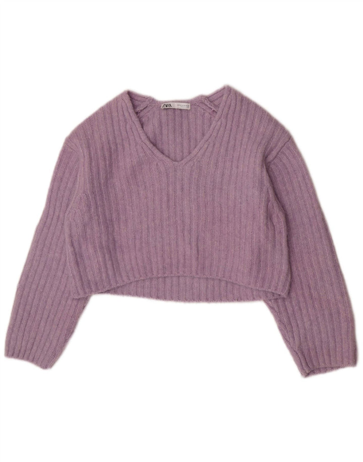 Suéter feminino Zara com decote em V e gola V UK 14 poliéster roxo médio