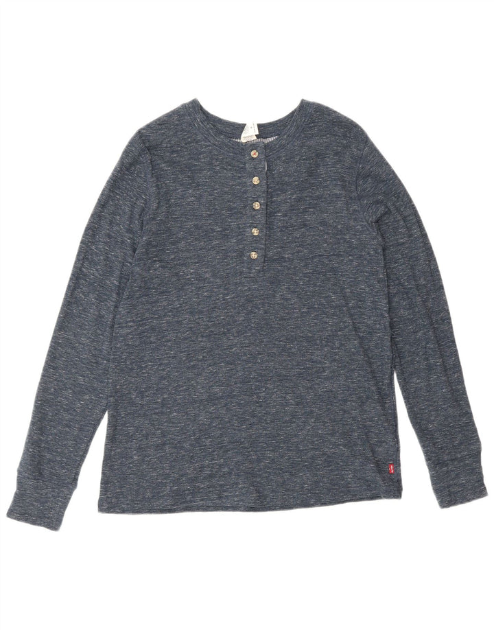 Top feminino Levi's manga comprida UK 12 médio azul marinho algodão manchado clássico
