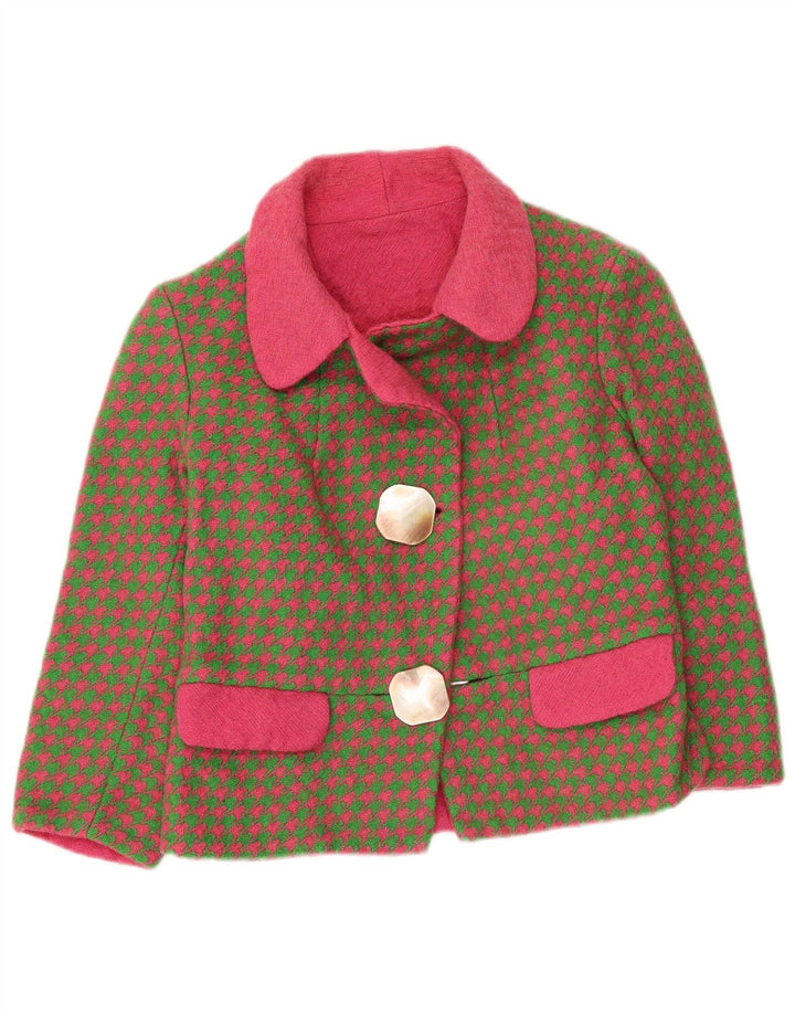 Jaqueta blazer feminina vintage manga 3/4 Reino Unido 8 pequeno cáqui houndstooth