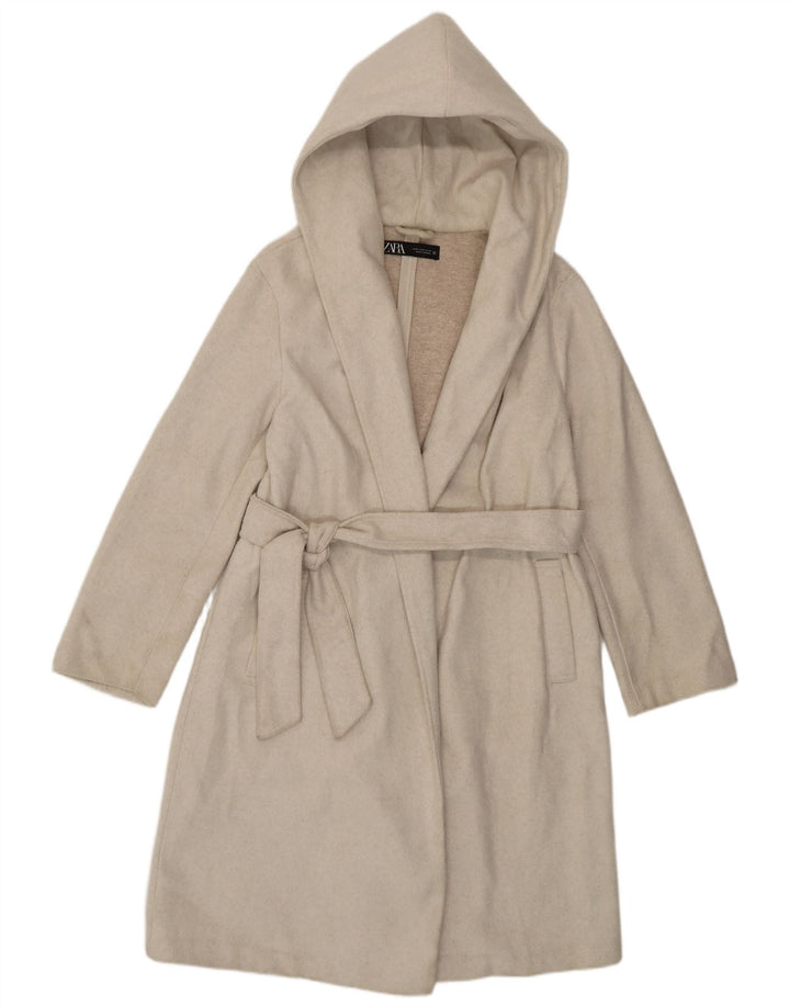 Sobretudo feminino Zara com capuz UK 14 médio off white poliéster