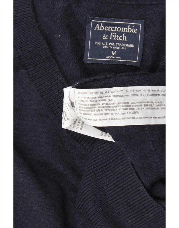 Suéter masculino Abercrombie & Fitch com decote em V de lã azul marinho médio
