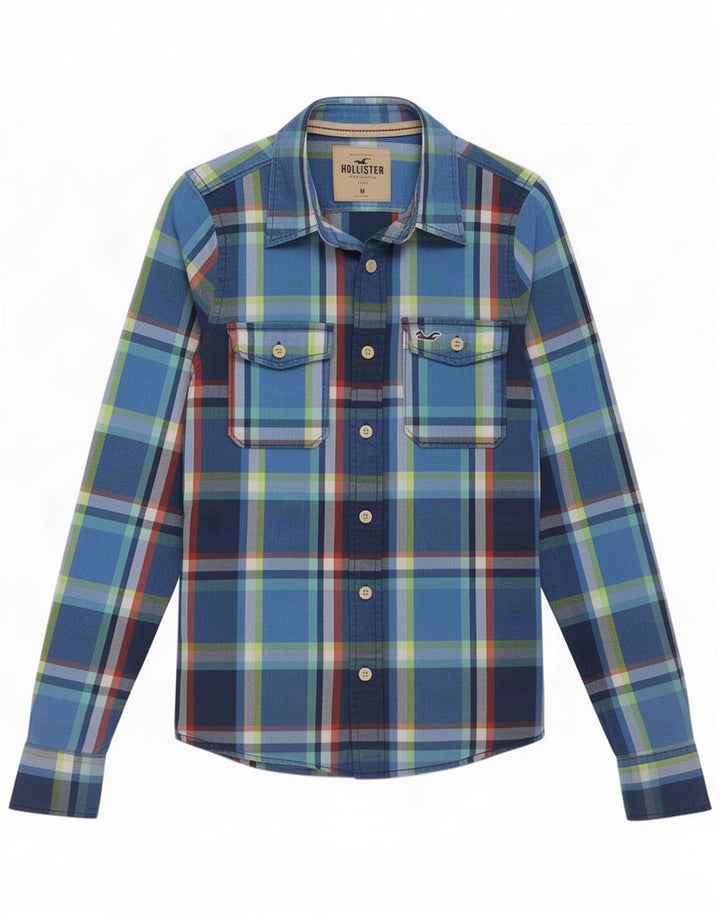 Camisa masculina Hollister de algodão xadrez azul médio