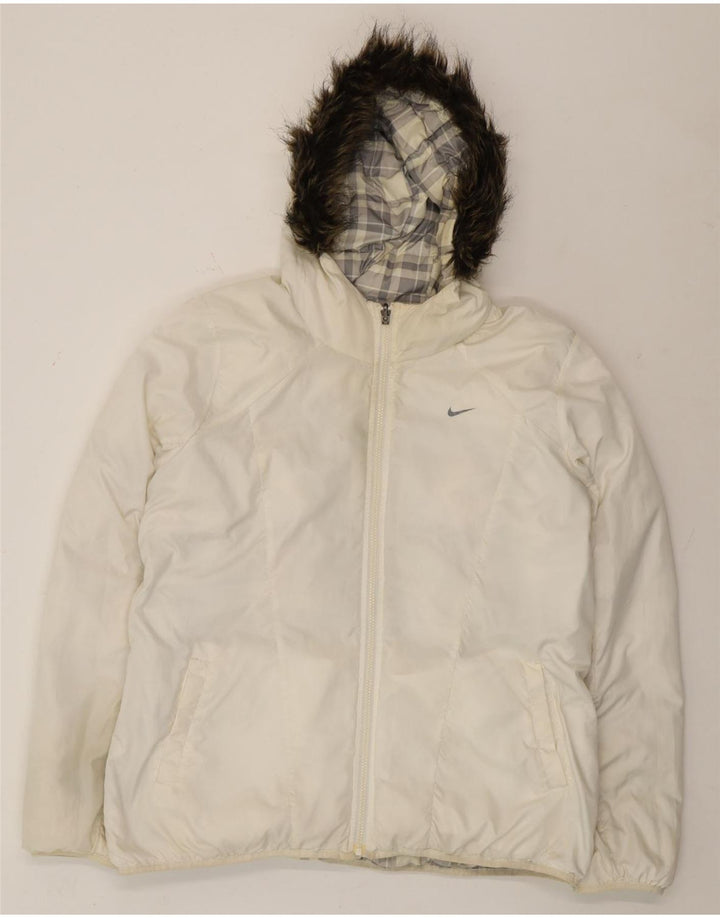 Jaqueta acolchoada reversível com capuz Nike masculina UK 44 2XL poliéster xadrez branco