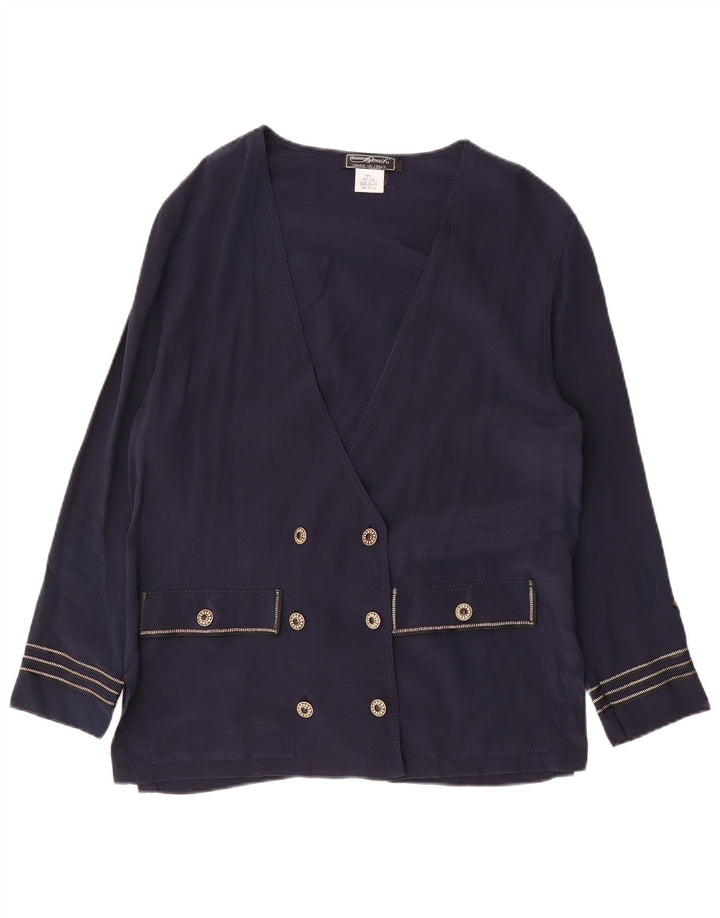 Jaqueta blazer feminina vintage com peito duplo Reino Unido 16 grande seda azul marinho