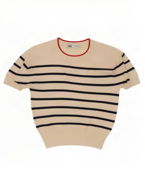 Zara blusa feminina manga curta top UK 12 médio off white listrado viscose