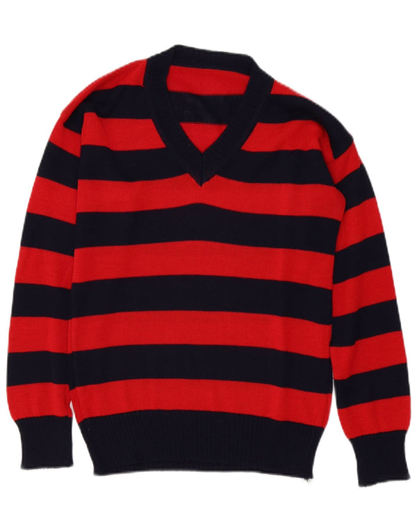 Suéter feminino vintage com decote em V UK 12 listrado vermelho médio
