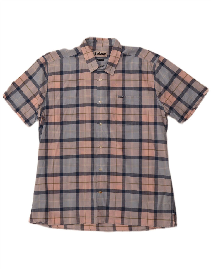 Camisa masculina de manga curta de ajuste regular BARBOUR algodão xadrez azul médio