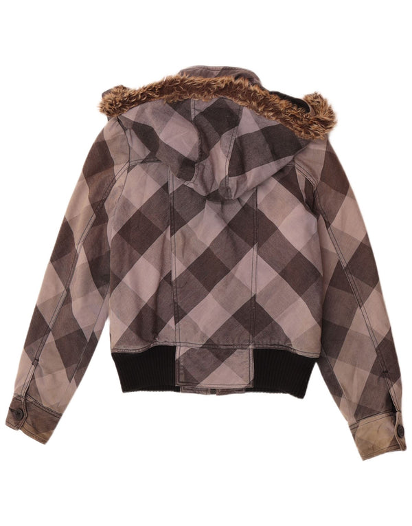 Jaqueta bomber com capuz feminino Roxy UK 10 pequeno algodão xadrez cinza