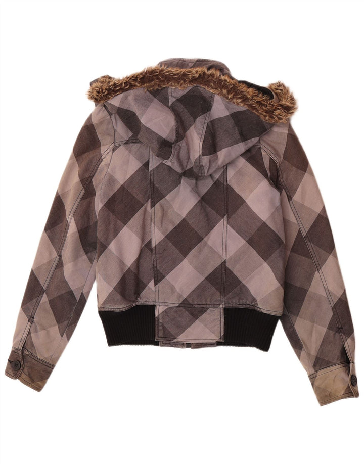 Jaqueta bomber com capuz feminino Roxy UK 10 pequeno algodão xadrez cinza