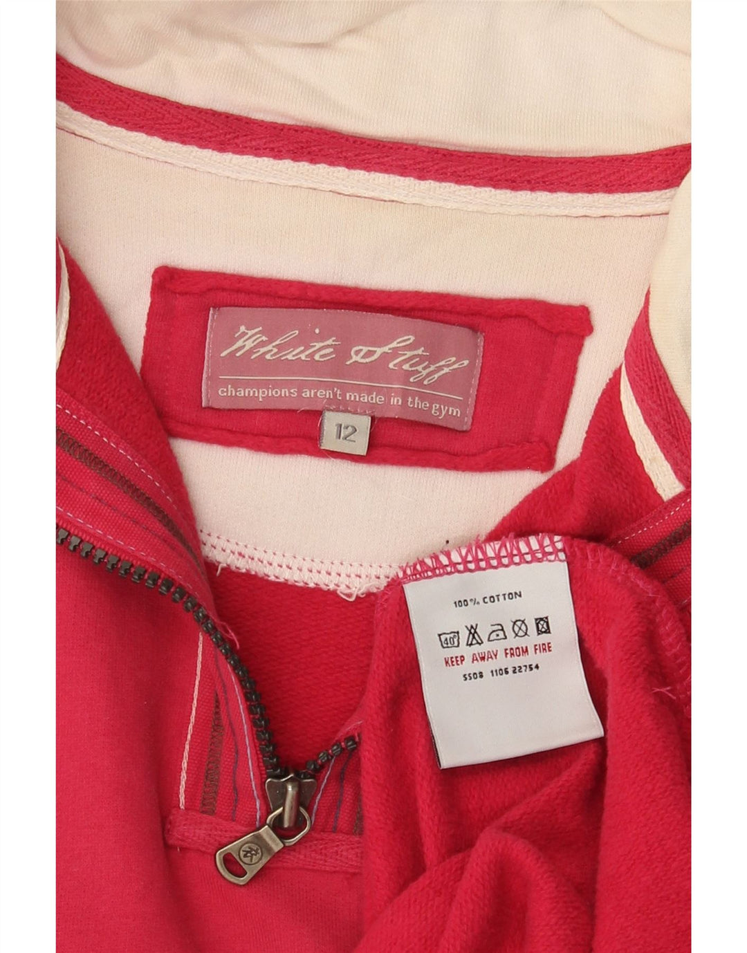 Moletom feminino com zíper e gola branca da White Stuff Reino Unido 12 algodão rosa médio