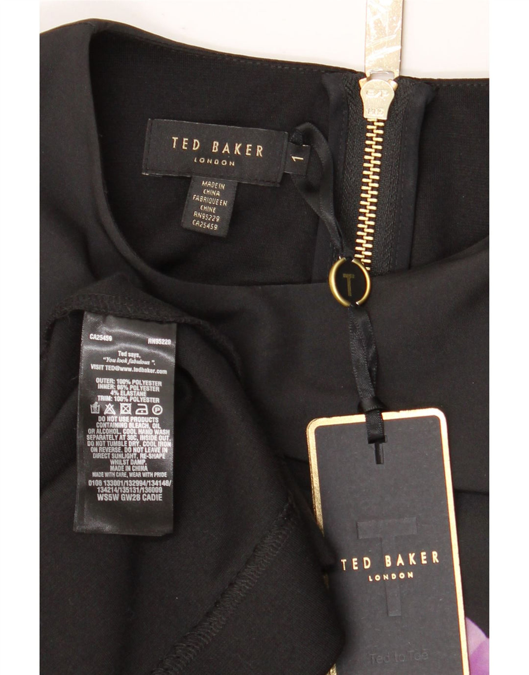 Vestido feminino Ted Baker manga 3/4 Peplum tamanho 1 XS preto floral poliéster