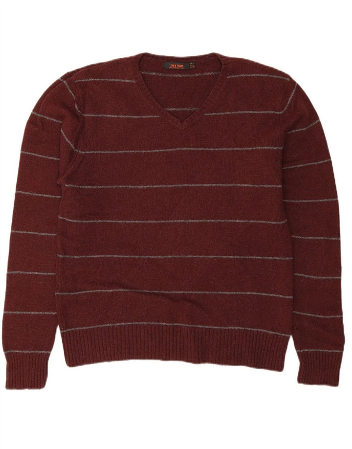 Suéter masculino ZARA com decote em V grande lã listrada cor de vinho