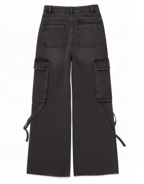 Zara Calça jeans feminina cargo larga EU 32 2XS W22 L30 preta