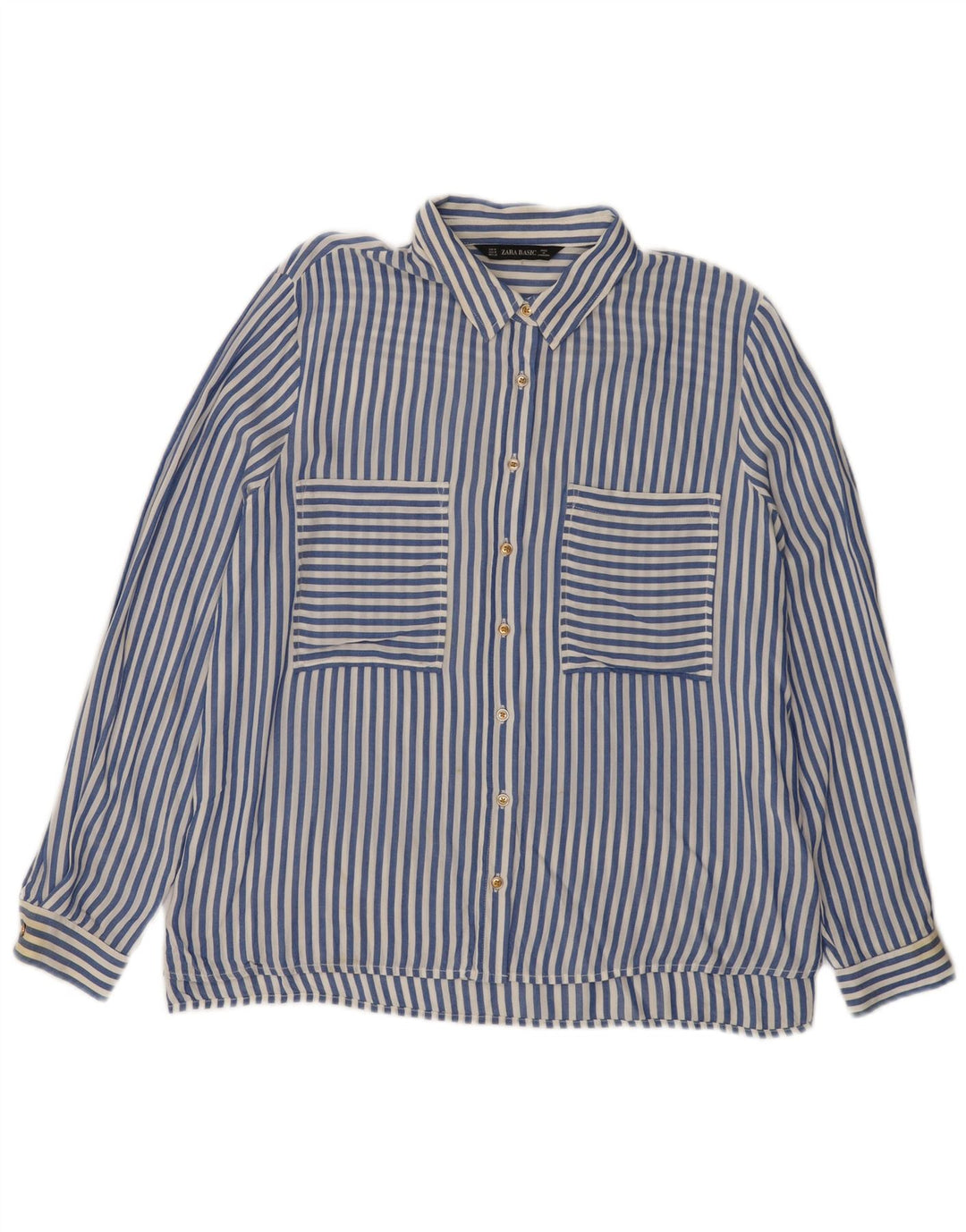 Camisa feminina Zara UK 14 Viscose listrada azul média