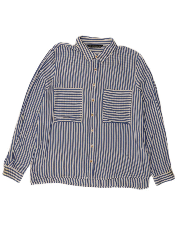 Camisa feminina Zara UK 14 Viscose listrada azul média