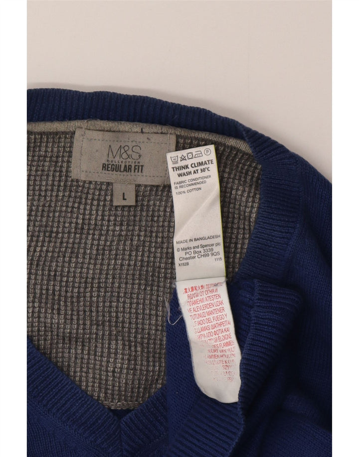 Suéter masculino Marks & Spencer com ajuste regular e decote em V, grande algodão azul