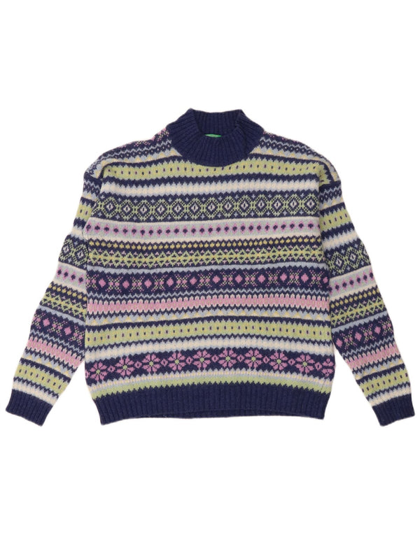 Benetton Womens Turtle Neck Jumper Sweater UK 16 Large Navy Blue Fair Isle