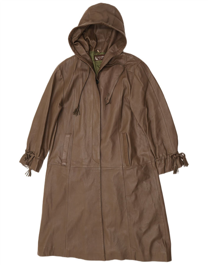 Casaco de couro com capuz feminino vintage UE 38 couro marrom médio