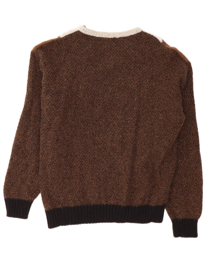 Suéter masculino VINTAGE com decote em V grande bloco colorido marrom