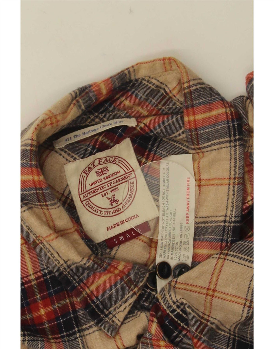 Camisa masculina de flanela Fat Face pequena algodão xadrez bege