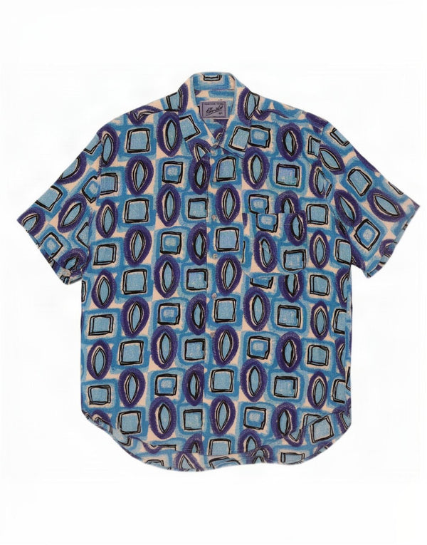 Camisa masculina vintage de manga curta viscose geométrica azul média