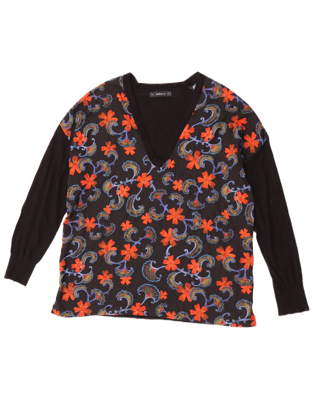 Top feminino Zara manga comprida UK 14 lã floral preta média