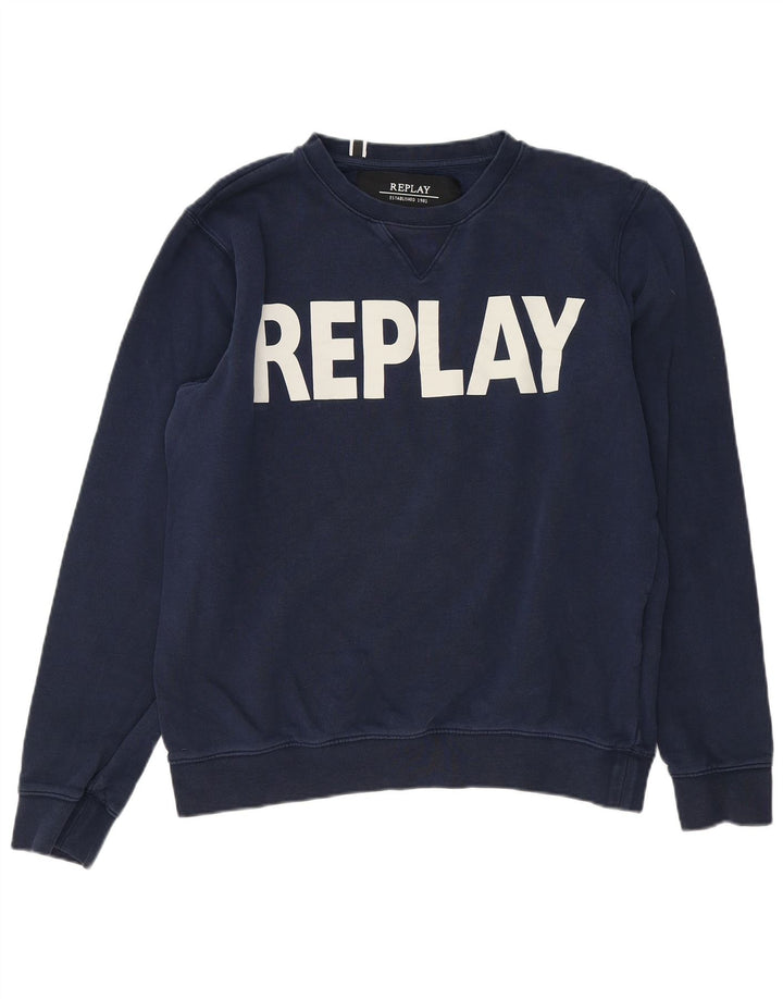 Replay moletom gráfico masculino jumper grande algodão azul marinho