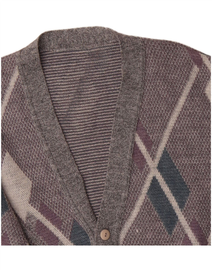 Suéter cardigã masculino vintage grande cinza Argyle/Diamante