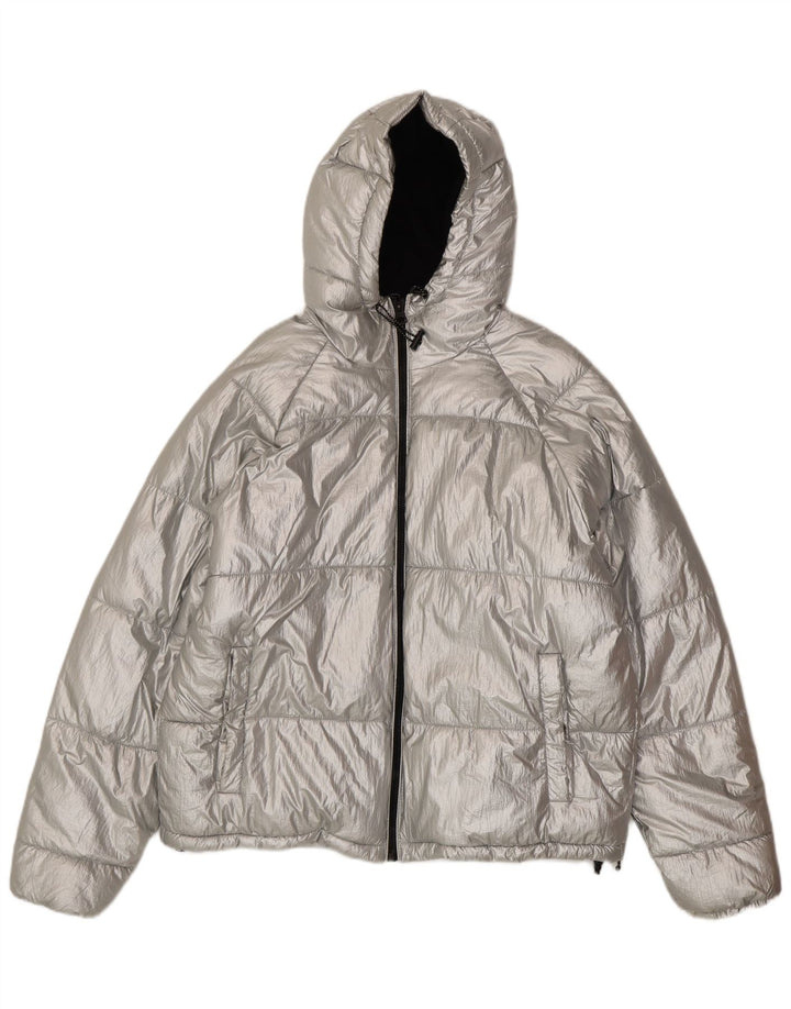 Zara Jaqueta feminina acolchoada com capuz gráfico grande tamanho UE 38 pequena prata nylon