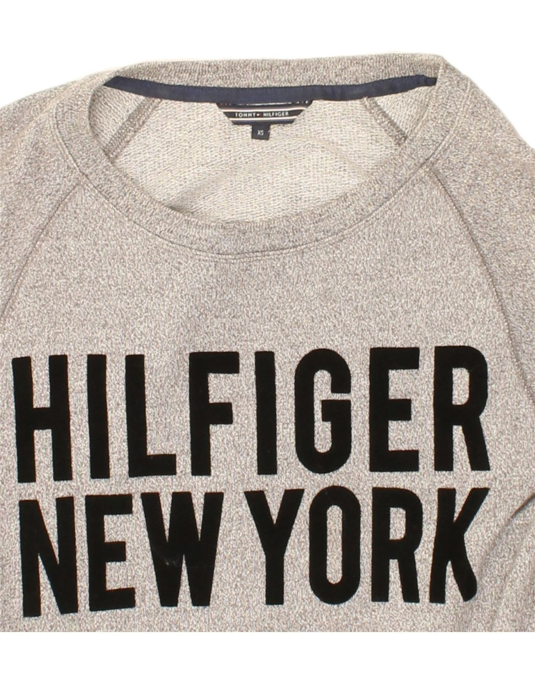 TOMMY HILFIGER Womens Oversized Graphic Sweatshirt Jumper UK 6 XS Grey Vintage Tommy Hilfiger and Second-Hand Tommy Hilfiger from Messina Hembry 