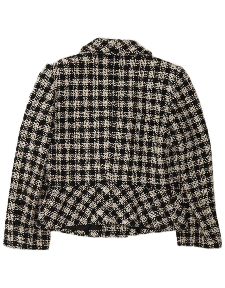 Jaqueta blazer feminina vintage com peito duplo Reino Unido 12 xadrez preto médio