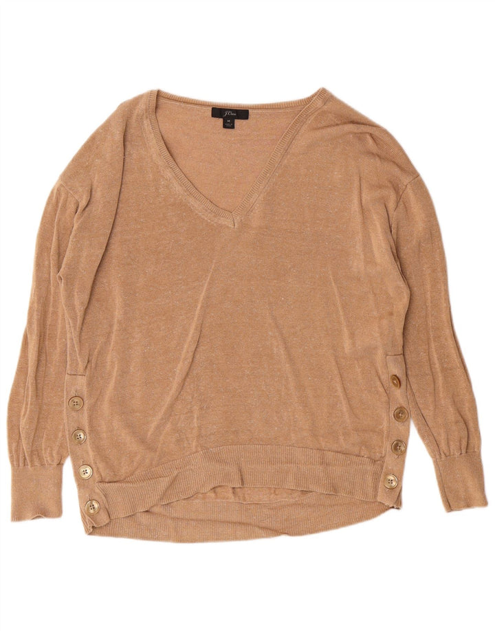 Suéter feminino J. CREW com decote em V UK 14 linho marrom médio