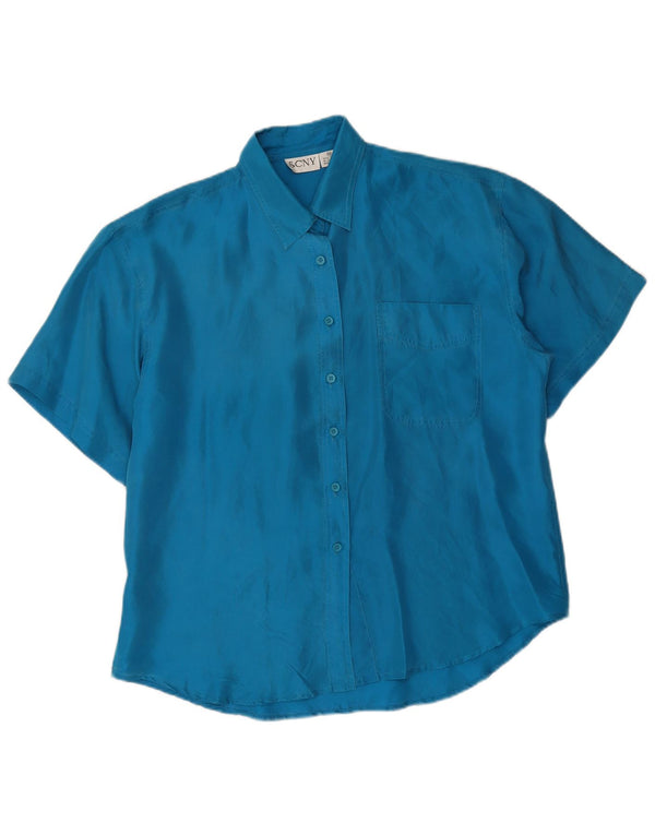 Blusa feminina vintage manga curta oversized Reino Unido 14 seda azul média