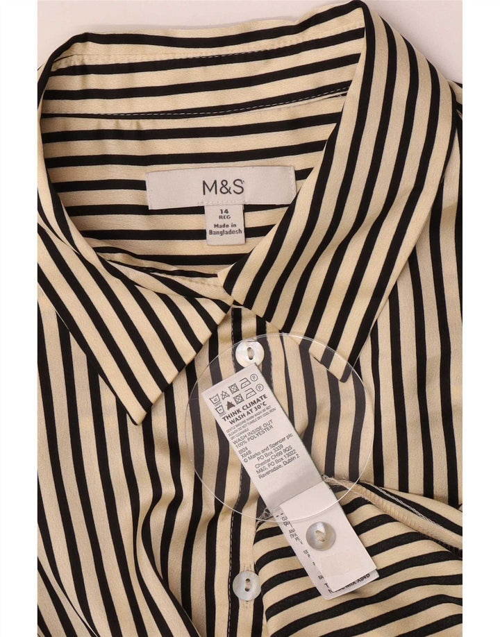Camisa feminina Marks & Spencer Reino Unido 14 grande poliéster listrado bege