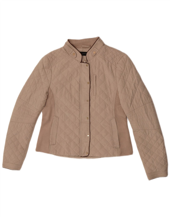 Jaqueta acolchoada feminina Zara UK 14 grande poliéster bege
