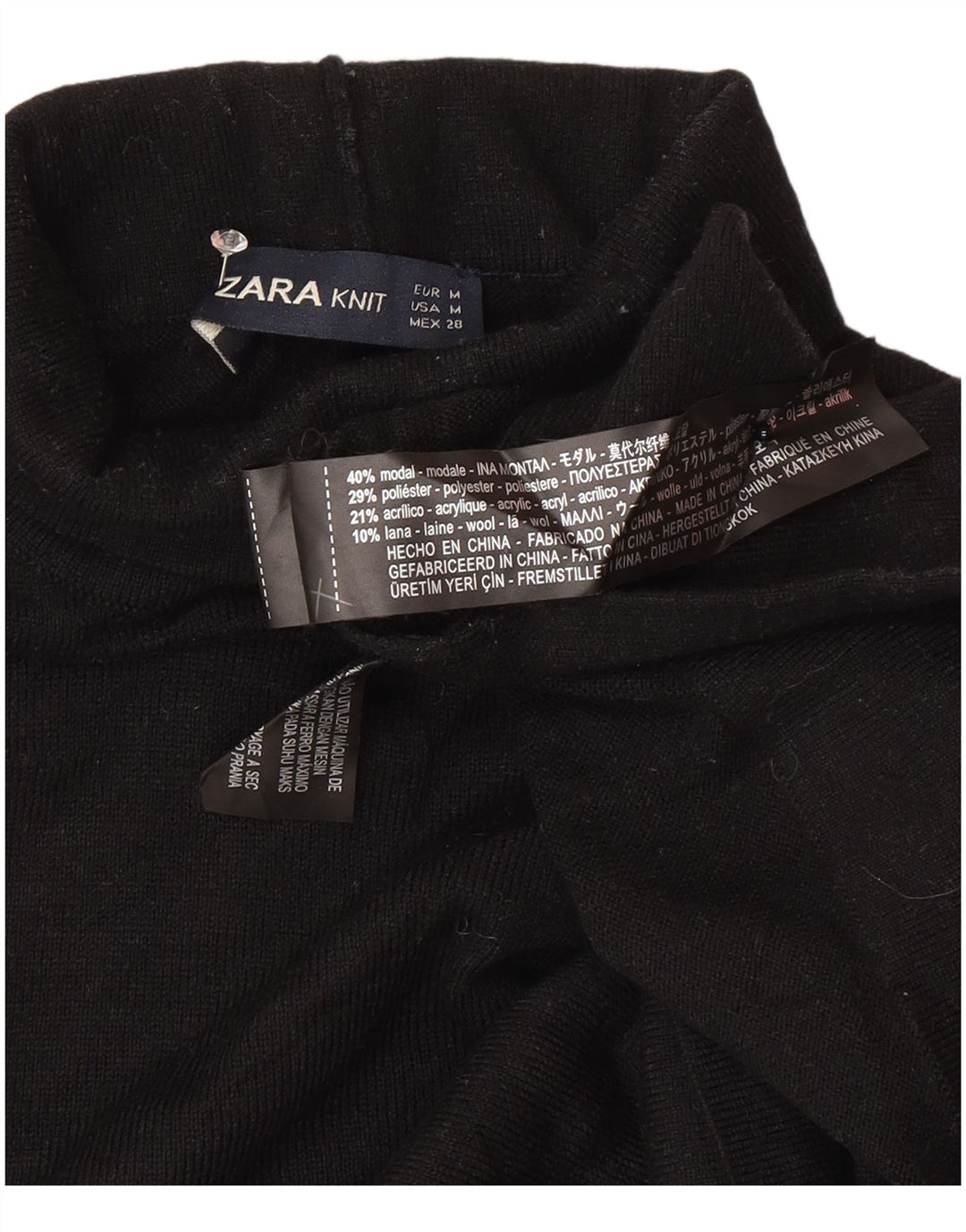 Suéter feminino Zara com gola redonda Reino Unido 14 médio preto modal