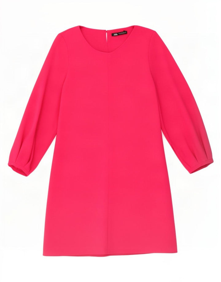 Vestido feminino Zara manga 3/4 linha A UK 12 poliéster rosa médio
