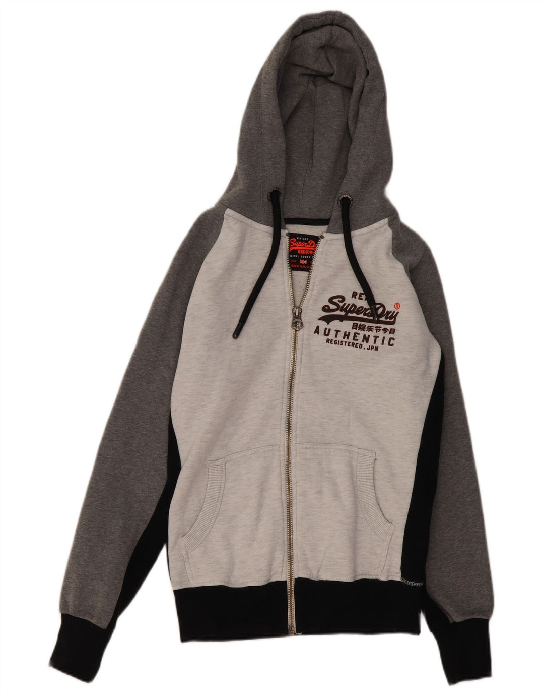 Suéter masculino SUPERDRY com capuz e zíper gráfico pequeno cinza colorido em bloco de algodão