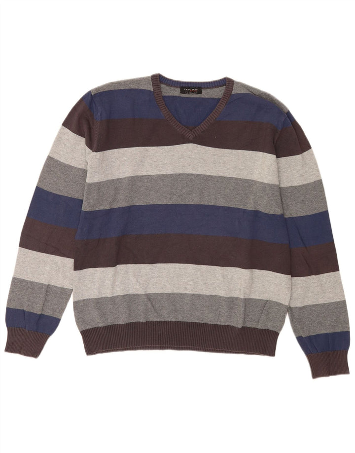Suéter masculino Zara com decote em V, grande algodão listrado multicolorido