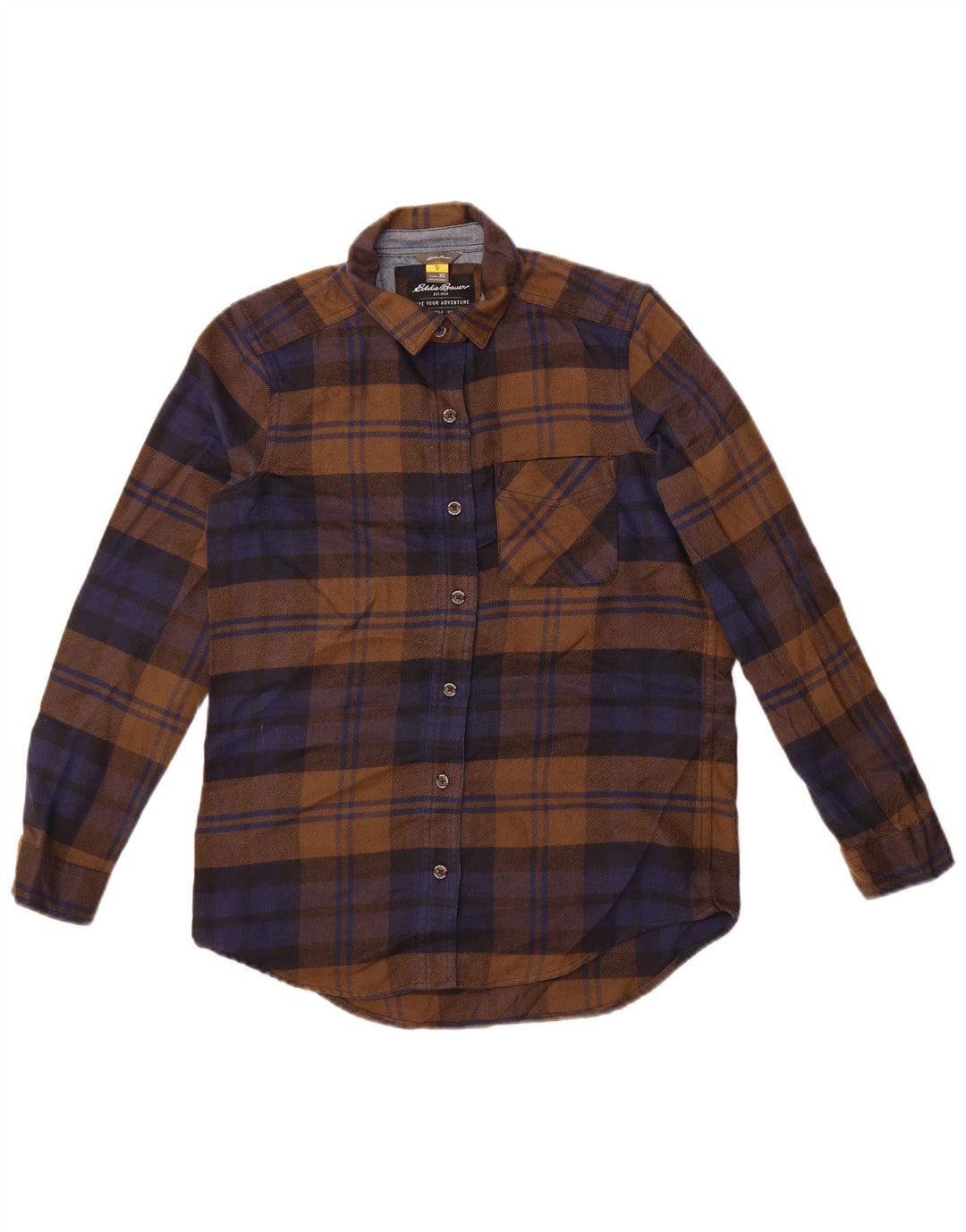 Camisa feminina de flanela grande Eddie Bauer Reino Unido 6 XS poliéster xadrez marrom