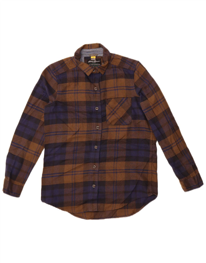 Camisa feminina de flanela grande Eddie Bauer Reino Unido 6 XS poliéster xadrez marrom