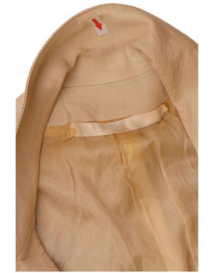Jaqueta blazer feminina vintage de couro com peito duplo Reino Unido 12 bege médio