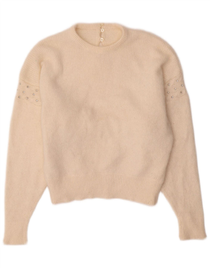 Suéter feminino VINTAGE com gola redonda UK 14 médio off white