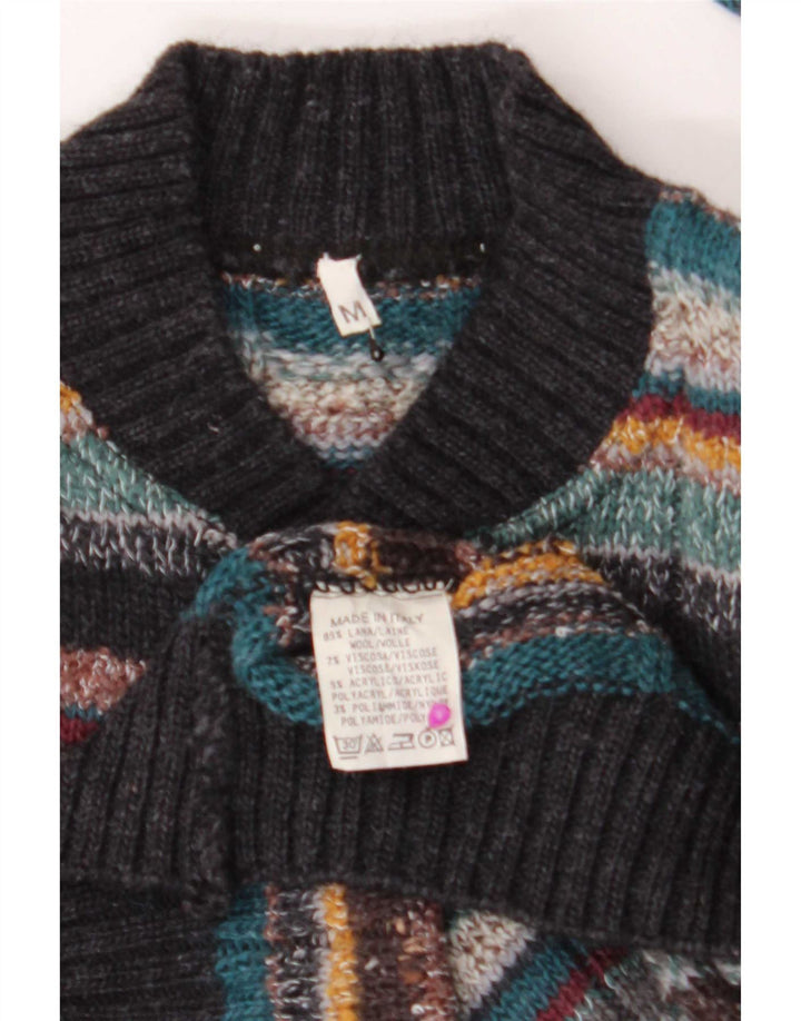 Suéter masculino vintage com gola de botão, lã listrada multicolorida média