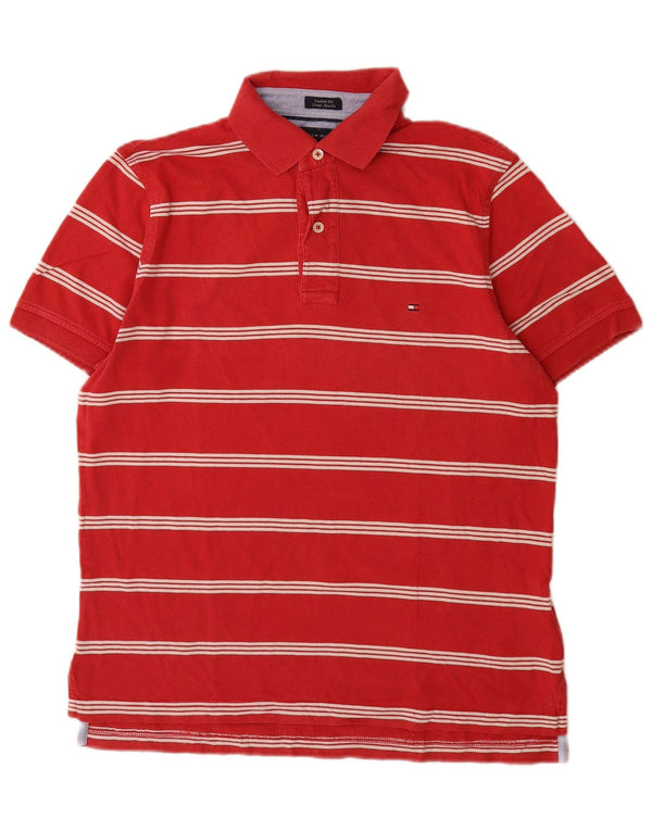 Camisa polo masculina Tommy Hilfiger Custom Fit pequena listrada vermelha de algodão