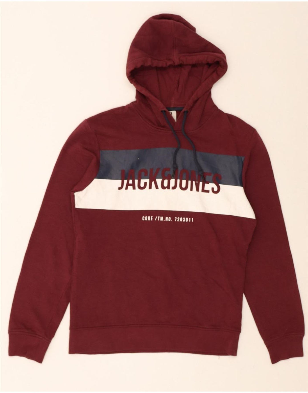 JACK & JONES Mens Graphic Hoodie Jumper Medium Burgundy Colourblock Cotton Vintage Jack & Jones and Second-Hand Jack & Jones from Messina Hembry 