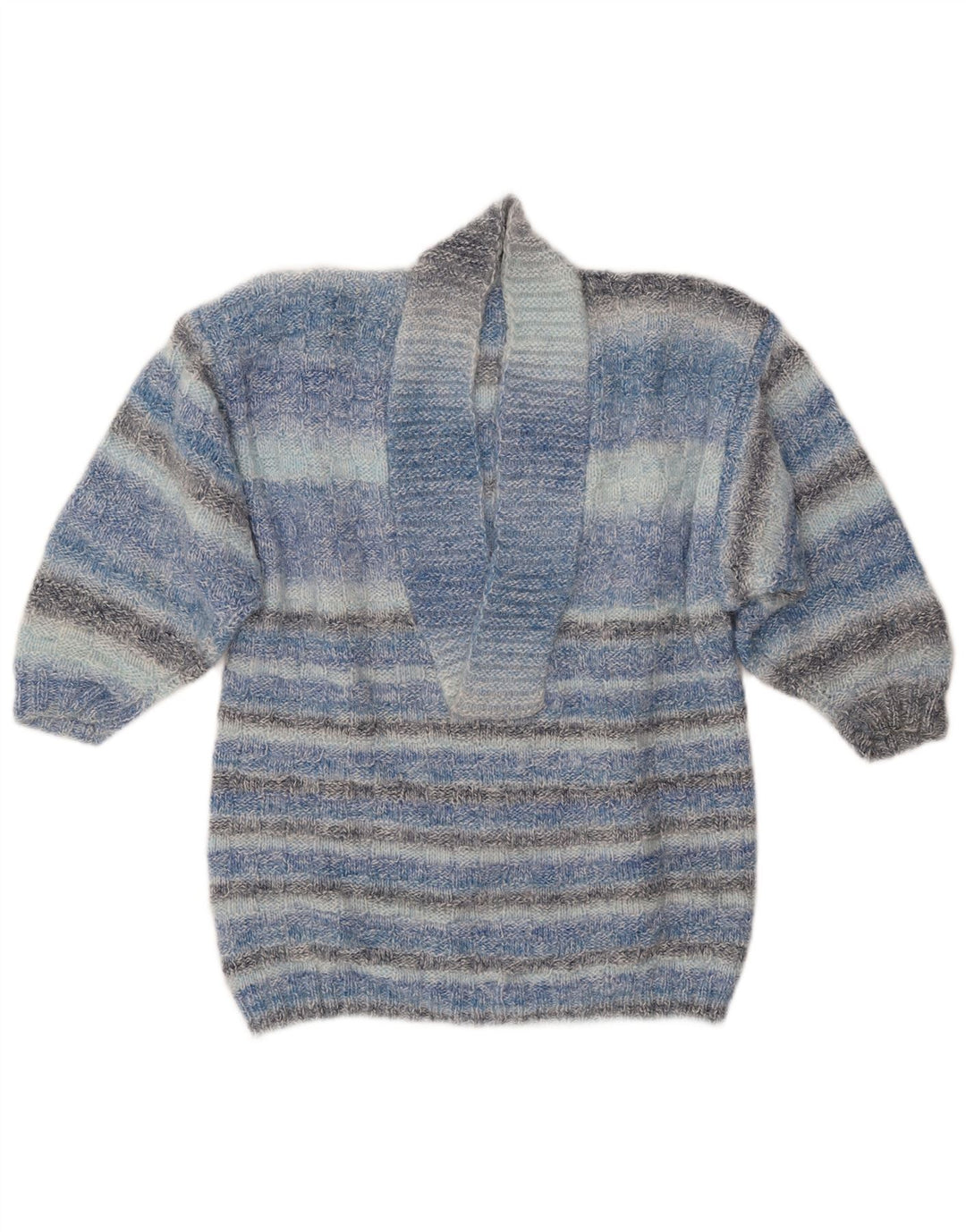 Suéter feminino VINTAGE com gola xale UK 14 listrado azul médio