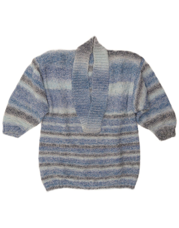 Suéter feminino VINTAGE com gola xale UK 14 listrado azul médio