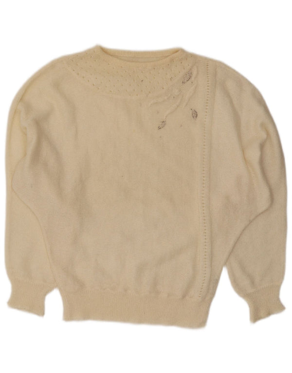 Suéter vintage feminino com gola canoa Reino Unido 14 grande mohair branco