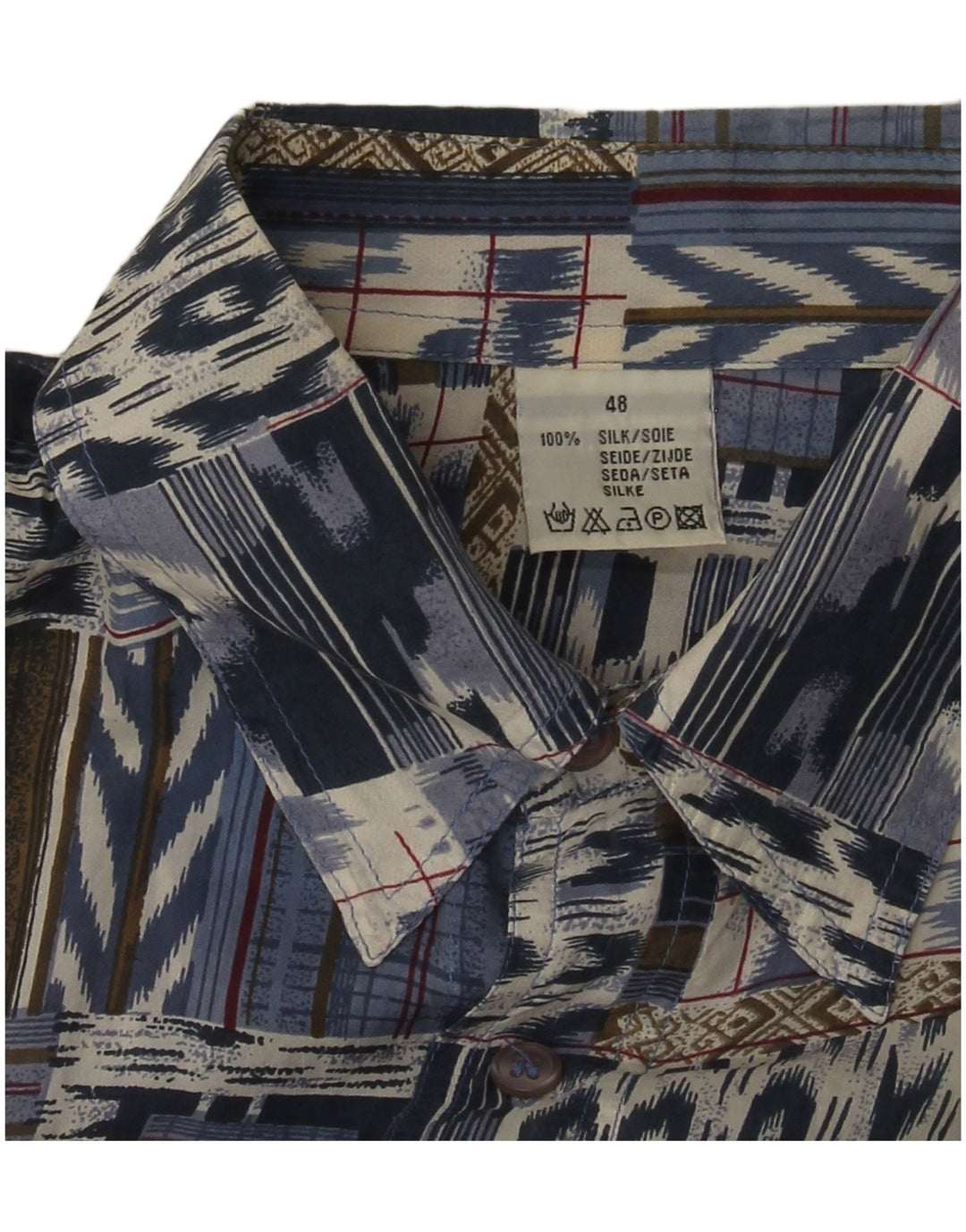 Camisa masculina vintage de manga curta IT 48 seda patchwork azul médio